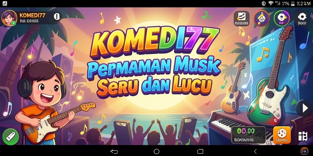 Screenshot gameplay KOMEDI77 dengan karakter lucu dan lagu yang seru.